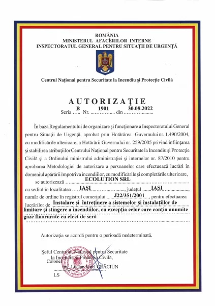 Autorizație instalații stingere hidranți CNSIPC